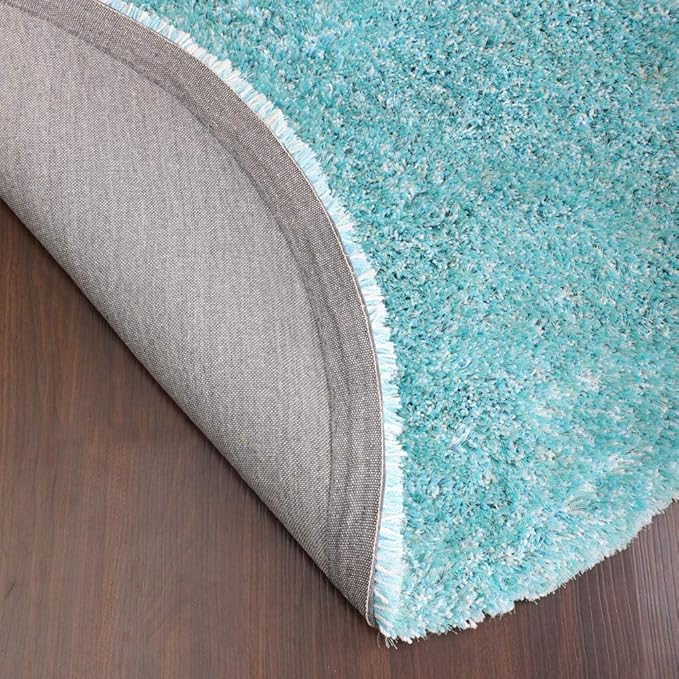 Hand Tufted SHAG Polyester ECO-Friendly Area Rugs - 10'x10', Round, Turquoise White, Solid Plain Design, High Pile Thick Handmade Anti Skid Rugs for Living Room K00111