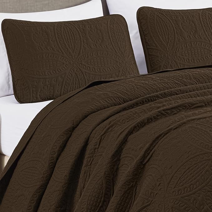 Chezmoi Collection Austin 3-Piece Oversized Bedspread Coverlet Set (Queen, Chocolate)