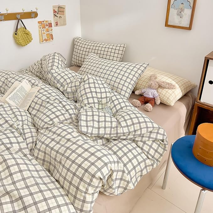 VM VOUGEMARKET Soft Muslin Cotton Duvet Cover Set King Grey White Plaid Checkered Bedding Set Linen Cotton Textured Breathable Comfy Duvet Cover with Zipper Closure