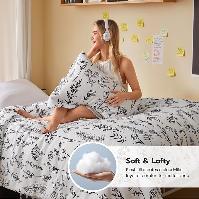 Joiedomi Twin Comforter Set White, 2 Pieces Floral Twin Bedding Set with 1 Soft Reversible Botanical Comforter and 1 Pillow Sham, Bed in a Bag for All Seasons