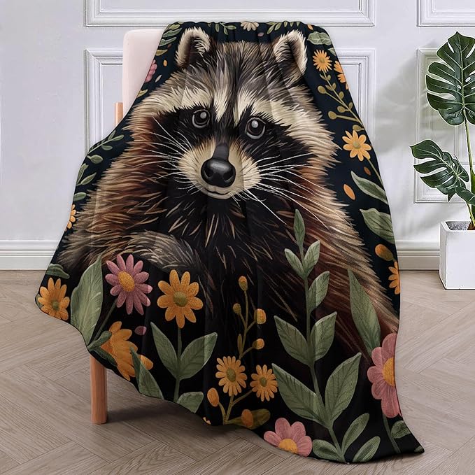 Raccoon Floral Flannel Blanket, Wildlife and Botanical Soft Lightweight Throw Blankets Gifts for Women,60" x 80" Perfect for Couch Bed Home Travel Decor