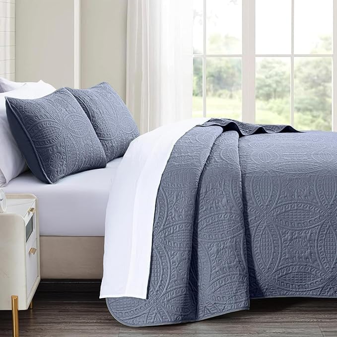 akkialla Quilts Queen Size,Bluish Grey Ultrasonic Full/Queen Quilt Set,Lightweight Soft Bedspread Coverlet,Modern Style Coin Pattern Bed Cover for All Seasons,3 Piece(1 Quilt,2 Pillow Shams)