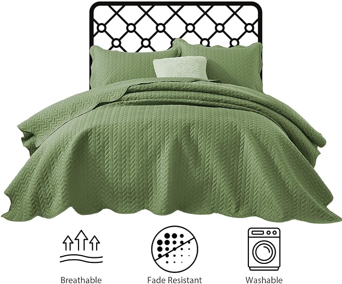IR Imperial Rooms California King Quilt Bedding Set Size (118"x106") + 2 Pillow Shams (20" x 36"+ 2") - 3 Pcs All Season Reversible Microfiber Coverlet Embossed Quilt Bedspread (Olive Green)