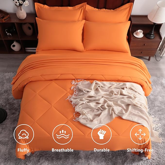 NTBAY King Comforter Set with Sheets, 7 Pieces Soft and Breathable King Bedding Set, Bed in a Bag, Down Alternative Comforter Set Solid Color All Season, Orange