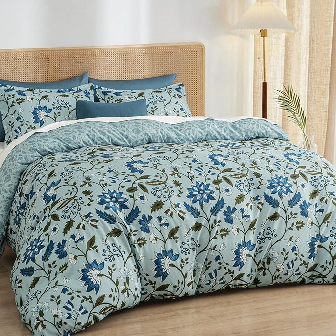 PHF Ultra Soft Floral Duvet Cover King Size, Printed Bedding Set 3 Pieces, Comfy Farmhouse Pattern Duvet Cover Set with 2 Pillow Shams, Zipper Closure and 8 Ties, 104"x90", Flower-Dusty