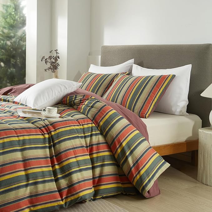 VM VOUGEMARKET Red Green Stripes Duvet Cover Twin XL Boho Farmhouse Style Washed Cotton Multi-Color Striped Bedding Set for Teens 1 Duvet Cover with 2 Pillowcases