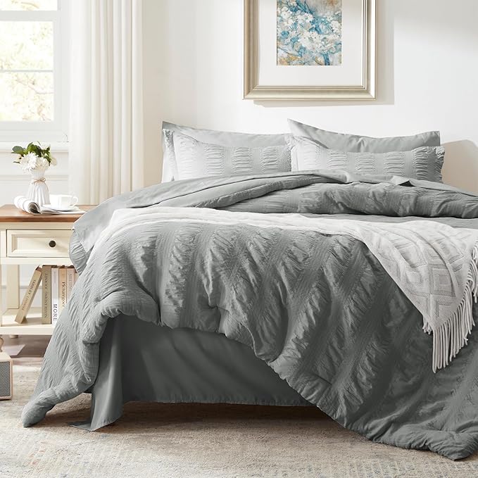 Zzlpp King Comforter Set, 7 Pieces, Grey Seersucker Bed in a Bag with Comforter, Pillow Shams, Pillowcases, Flat Sheet, Fitted Sheet