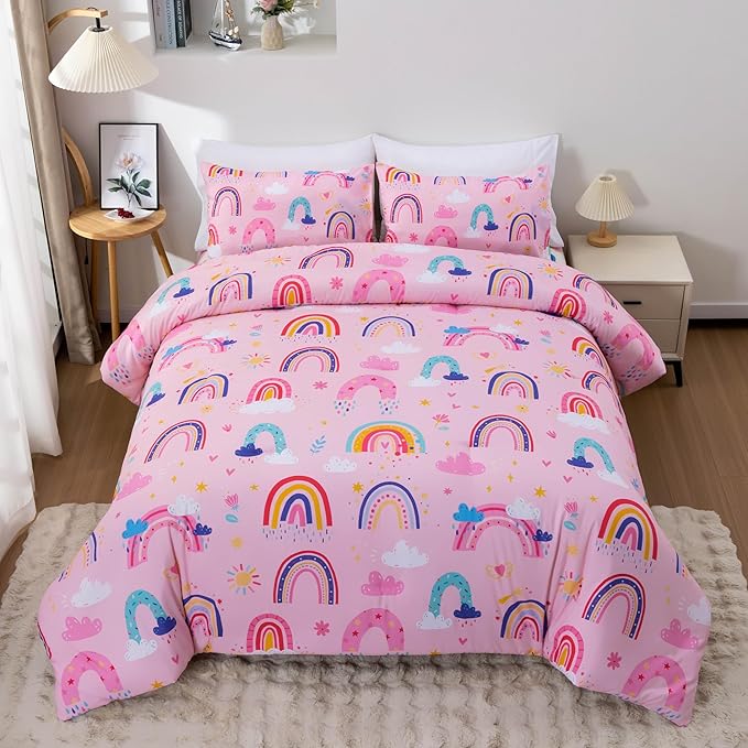 Btargot Lightweight Soft 3 Piece Rainbow Comforter Set with 2 Pillow Covers, Cartoon Love Hearts Suns and Stars Bedding Set for Girls Boys Kids, Twin Light Pink