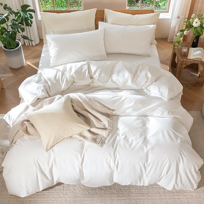 MooMee Bedding Duvet Cover Set 100% Washed Cotton Linen Like Textured Breathable Durable Soft Comfy (Solid Off White, Twin 68"x90")