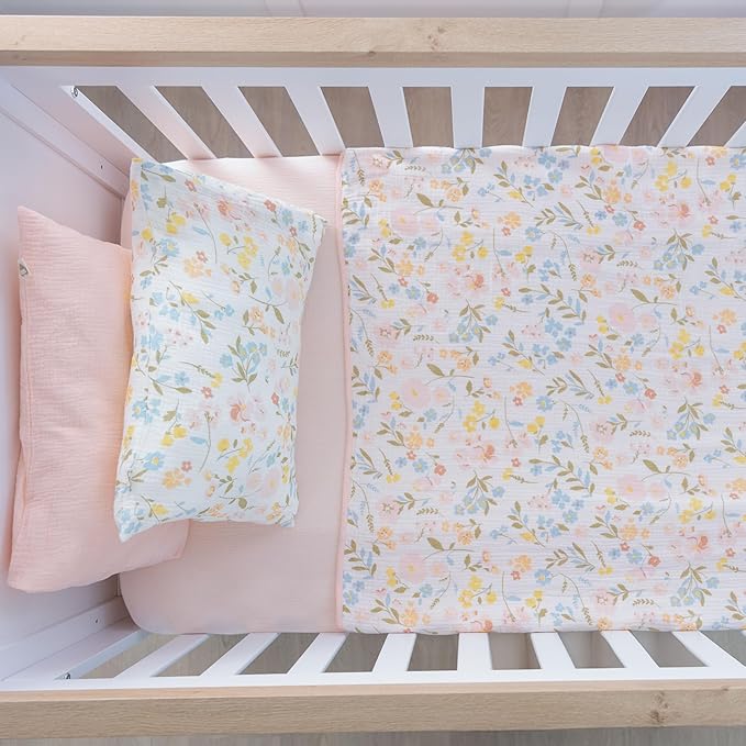 Muslin Baby Blankets for Girls, 40"x36" Toddler Blanket, Reversible Soft Baby Blankets for Girls, 100% Cotton Toddler Bed Blanket Oeko-TEX Designed in France - Flower + Pink Nursery Blanket