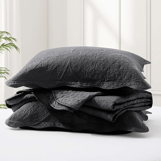 IR Imperial Rooms King Quilt Bedding Set Size (106" x 96") + 2 Pillow Shams (20" x 36"+ 2") - 3 Pcs All Season Lightweight Reversible Microfiber Coverlet Floral Embossed Quilt Bedspread (Charcoal)