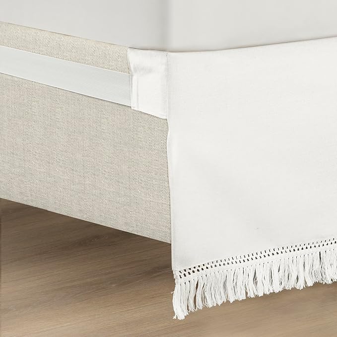 Lush Decor Boho Fringe 15-Inch Tailored Drop Easy Fit Bed Skirt Queen Size Single 60" W x 80" L +15" Pure White - Queen Bed Skirt - Wrap Around Bed Skirt