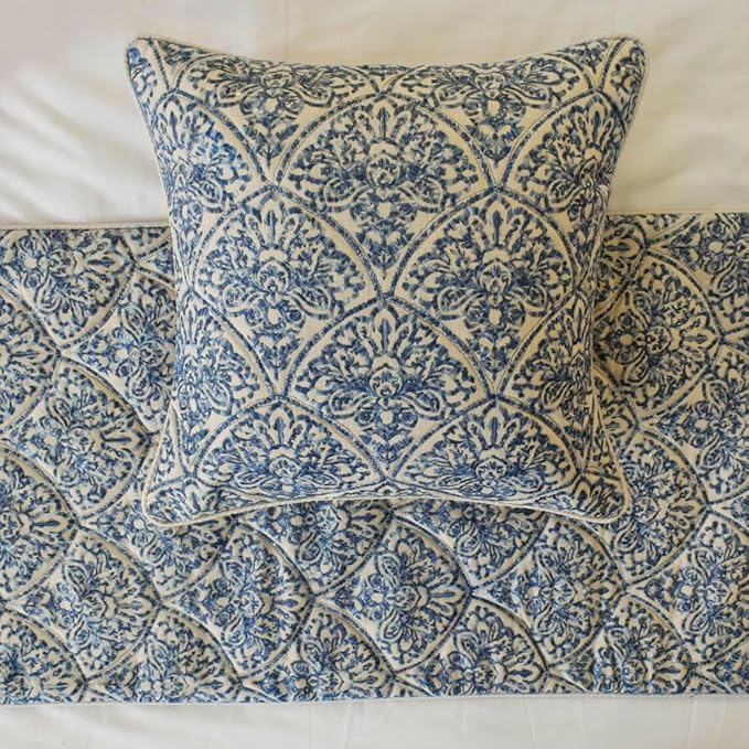 The HomeCentric King/Queen/Twin Blue Designer CA King 86"x18" Bed Runner Without Pillow Cover, Embroidery, Quilted Bed Scarf on Cotton Fabric - Farzeen Blue