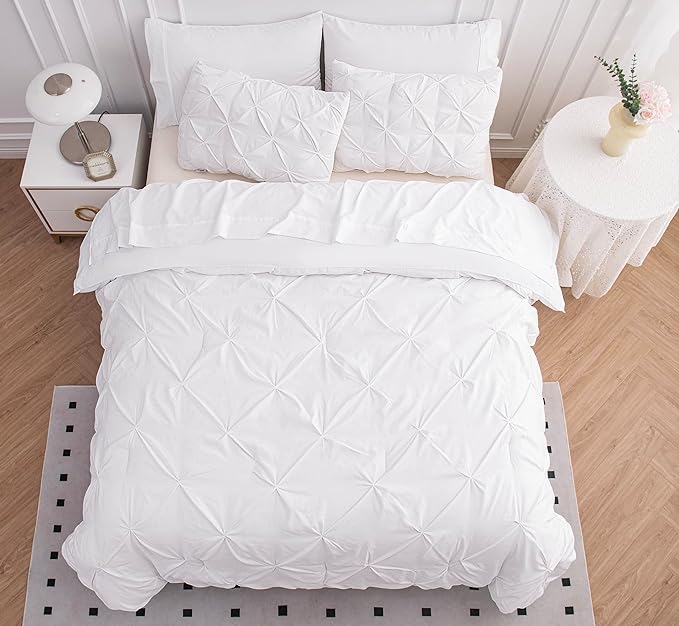 LANE LINEN California King Comforter Set - 7 Piece - Fine Pintuck Detailing Ready to Style - All Season Bed in a Bag - Bedding Set with Comforter, Sheets, Pillowcases & Shams - Best for Family - White | Clean bed look, Hotel style drape, Light breathab...