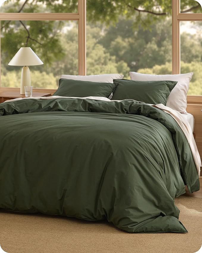 Bedsure Cotton Duvet Cover Queen - Luxury Slub Weave 100% Cotton Duvet Cover with a Linen Like Textured, Easy Change Durable Bedding, Olive Green, 90" x 90"