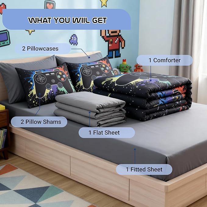Full Comforter Set for Boys Kids - 7 Pieces Black Gamer Full Size Bedding Sets for Kids, Soft Cozy Bed in A Bag with Sheet