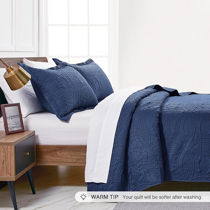 Love's cabin Twin Quilt Set Navy Blue Bedspreads - Soft Bed Summer Lightweight Bedspread Comforter - Modern Style Coin Pattern Coverlet for All Season - 2 Pieces (1 Quilt, 1 Pillow Sham)