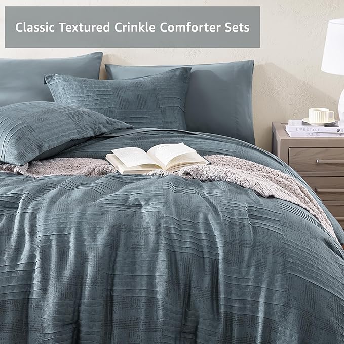 MaiRêve King Comforter Set Dusty Blue, Textured Design Crinkle Bedding Sets 7 Pieces, All Season Bed in A Bag with Comforter, Sheets, Pillowcases & Shams