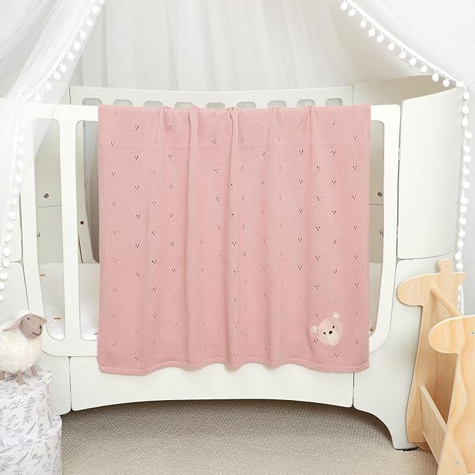 mimixiong Organic Cotton Baby Blanket Neutral Knitted Soft Crib Nursery Swaddling Receiving Blankets for Newborn Baby Boy Girl 40x30 Inch Pink