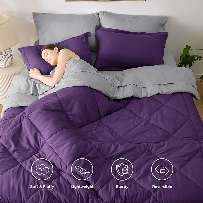 Bedsure Twin Comforter Set - 5 Pieces Reversible Purple Bedding, Twin Size Bed Set for All Seasons, Bed in a Bag with Down Alternative Comforter, Sheets, Pillowcase & Sham