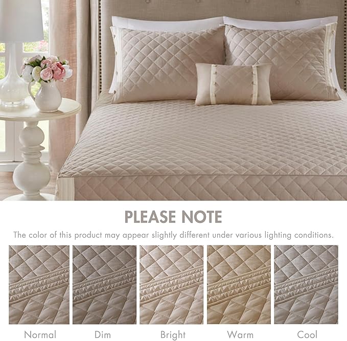 Madison Park Breanna 100% Cotton Fitted Bedspread Classic Traditional Design All Season, Lightweight, Bedding Set, Matching Shams, Queen(60" x80+24D), Diamond Quilted Khaki 4 Piece