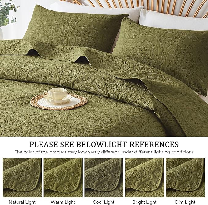 WURUIBO Olive Green Quilt Set Queen Size, Embossing Microfiber Full Bedspreads with Pillow Sham, Ligthweight Breathable Thin Coverlet, Reversible Bedding Set for All Season (1 Quilt, 2 Pillow Shams)