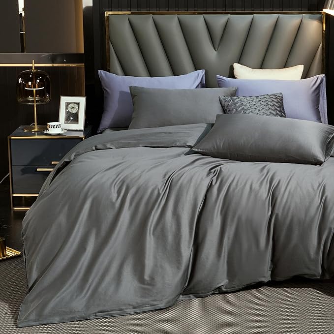 MooMee Duvet Cover Set 100% Extra Long Staple Cotton 600 Thread Count Silky Sateen Smooth Luxury Soft Breathable Durable Hotel Quality Bedding, 3 Pieces (Dark Gray,California King 104"x98")