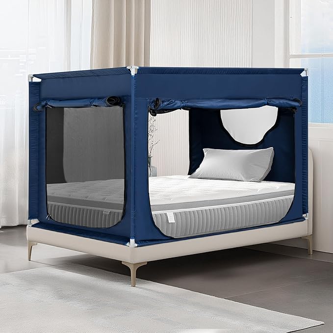 Twin Bed Canopy Portable Blackout Bed Tent Privacy Tent for Adult Indoor Sleeping with 3 Doors, Storage Bag, Navy Blue