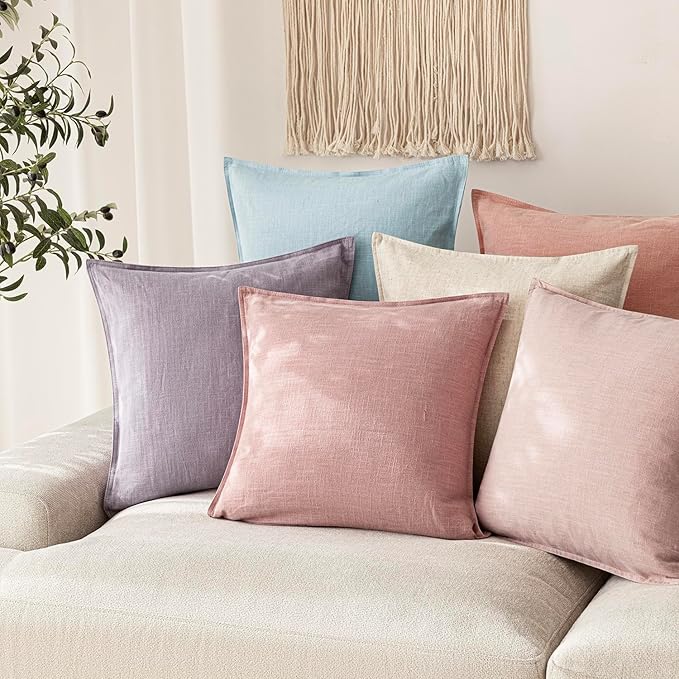 Foindtower Pack of 2, Decorative Linen Soild Throw Pillow Covers Soft Accent Cushion Euro Case Boho Farmhouse Pillowcase for Chair Couch Sofa Bedroom Living Room Home Decor 18 x 18 Inch Rose Pink