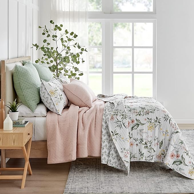 Levtex Home Cross Stitch Reversible King/Cal King Quilt Set (106x92in) and 2 Pillow Shams (36x20in) - Stitch Texture - Blush - Cotton King Size Quilt Bedding Set - Lightweight Soft Pre-Washed