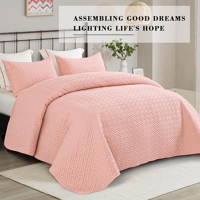Exclusivo Mezcla Full Queen Size Quilt Bedspreads with Basket Weave Pattern, Soft Lightweight Summer Quilts Bedding Set Coverlets Bed Cover for All Seasons, Blush Pink
