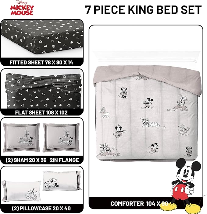Jay Franco Kids Comforter Set Includes Sheets and Pillow Covers - Soft and Cozy Bed Set for Stylish Room Decor, Official Licensed Bedding, Beige - Mickey and Friends, 7 Piece King