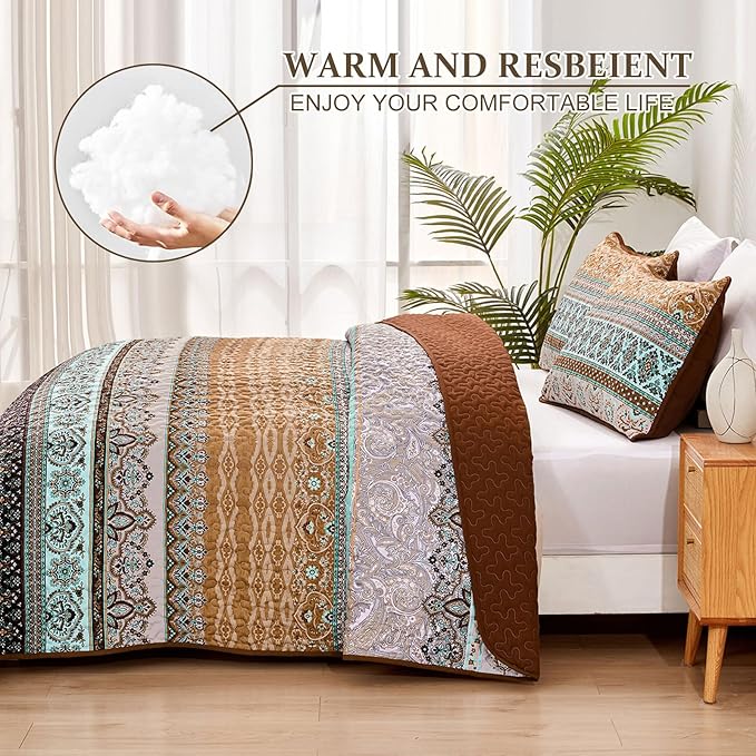 WONGS BEDDING Boho Fall Quilt Set King, Brown Bohemian Quilt Bedding Set, Ultra Soft Lightweight Bed Decor Bedspread for All Season Reversible Microfiber Coverlet Bedding Set 103"x90"(3 Pieces)