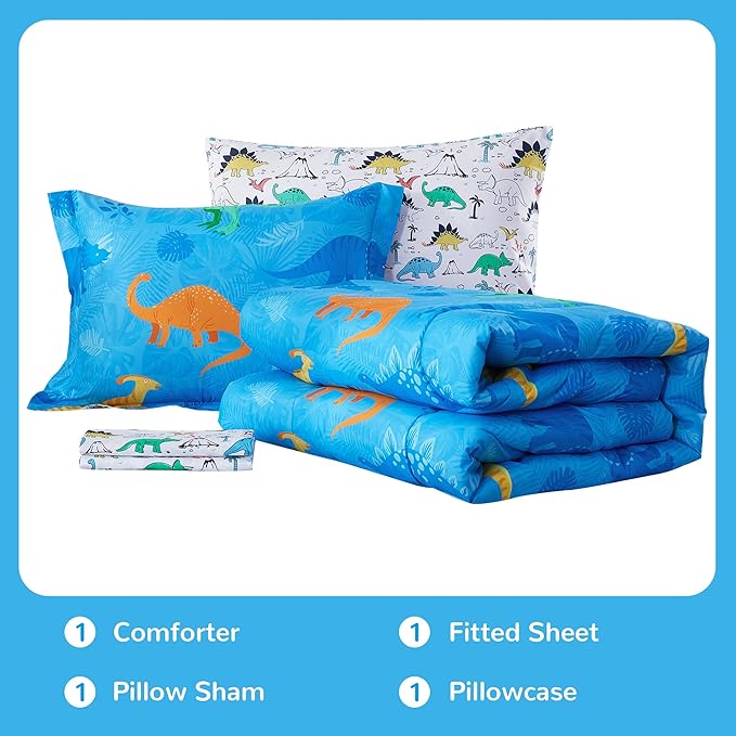 Viviland Kids Twin Bedding Sets for Boys, Soft Twin Comforter Set with Sheets, 5 Pieces Microfiber Bed in a Bag, Blue Dinosaur