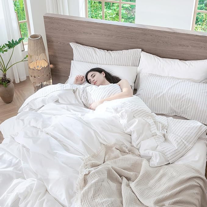 MooMee Bedding Duvet Cover Set 100% Washed Cotton Linen Like Textured Breathable Durable Soft Comfy (Solid Bright White, Oversized Full 82"x86")