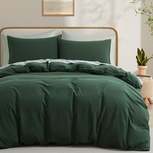 LOVQUE 100% Washed Cotton Duvet Cover Set King Size, Linen Like Natural Bedding Set with Zipper Closure (No Comforter), 104x90 Inches, Forest Green