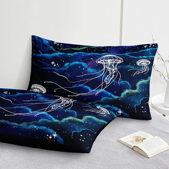 Bedbay Blue Galaxy Bedding Comforter Set Queen Size,Jellyfish Print Ocean Theme Bedding Set,Soft Microfiber Starry Sky Stars Boys Girls Bedroom Quilted Comforter 4 Pieces for All Seasons