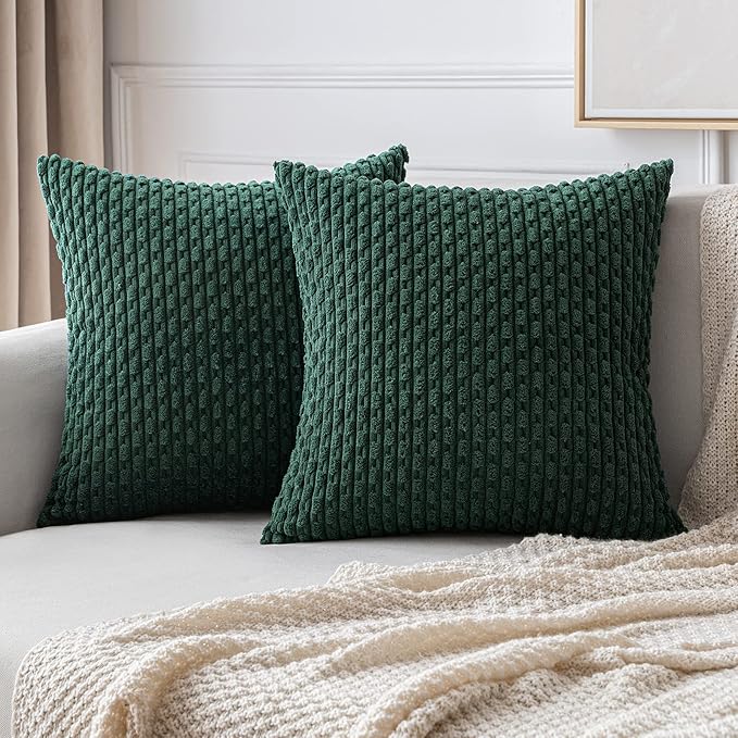 MIULEE Army Green Throw Pillow Covers Soft Corduroy Decorative Eruo Sham Set of 2 Boho Striped Pillow Covers Pillowcases Farmhouse Home Decor for Couch Bed Sofa Living Room 24x24 Inch