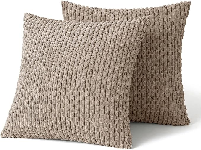 MIULEE Pack of 2 Decorative Throw Pillow Covers 20x20 Inch Soft Boho Striped Textured Corduroy Pillow Covers Modern Farmhouse Home Decor for Couch Bed Sofa Living Room Neutral Light Brown
