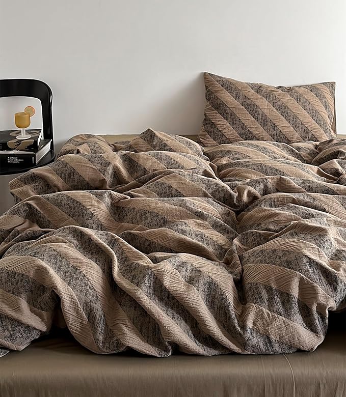 VM VOUGEMARKET Khaki Grey Striped Duvet Cover Queen Linen Cotton Bedding Set Jacquard Diagonal Stripes Duvet Cover Set Without Filling 90x90 Inch
