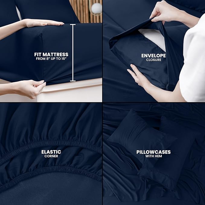 Utopia Bedding Queen Size Sheet Set – 4 Piece Bed Sheets, Soft and Breathable Microfiber, Includes 1 Fitted Sheet, 1 Flat Sheet and 2 Pillowcases – Oeko Tex (Navy)