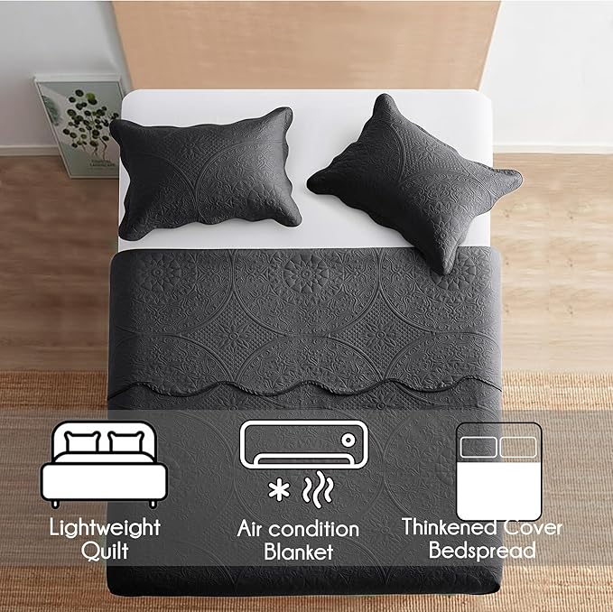 IR Imperial Rooms 8 Pack Quilt King Size Bedding (106" x 96") - Bulk Wholesale for Hotels, Guest Bedroom & Airbnbs - Lightweight Microfiber Reversible Floral Embossed Quilts Bedspreads (Charcoal)