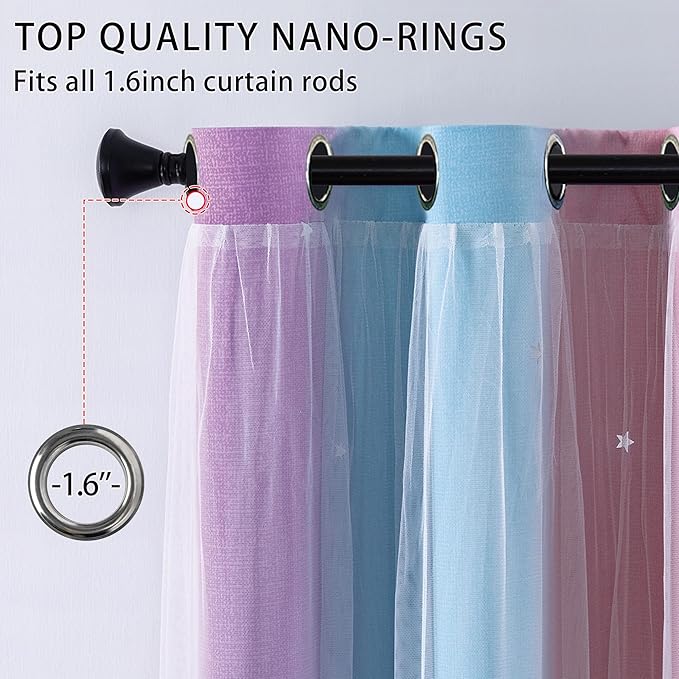 XiDi Girls Blackout Curtains 120 Inches Long for Bedroom, Room Darkening Grommet Window Ombre Curtains 2 Panel Sets, Kids Unicorn Princess Theme Decor Colorful Rainbow Design Pink Purple 42Wx120L