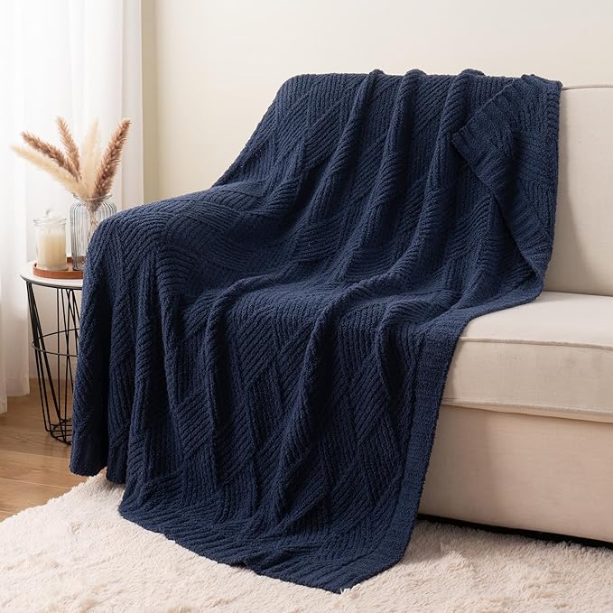 Battilo Navy Diamond Knit Throw Blanket for Couch and Bed, Soft Textured Chenille Blanket, Cozy Lightweight Decorative Blanket for Sofa, 50"x60"