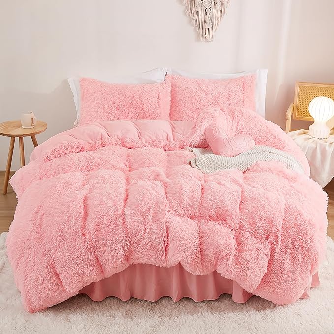annadaif Fluffy Duvet Cover Full Size, Pink Plush Shaggy Faux Fur Comforter Cover Velvet Bedding Set with Zipper Closure(1 Duvet Cover, 2 Pillowcases)