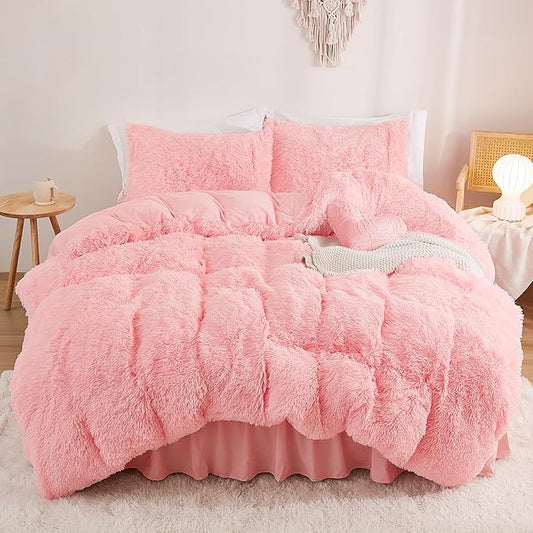 annadaif Fluffy Duvet Cover Full Size, Pink Plush Shaggy Faux Fur Comforter Cover Velvet Bedding Set with Zipper Closure(1 Duvet Cover, 2 Pillowcases)