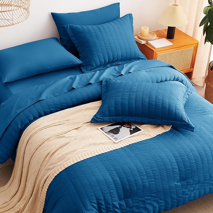 CozyLux King Seersucker Comforter Set with Teal Bed in a Bag 7-Piece All Season Bedding Set with Comforter, Pillow Sham, Flat Sheet, Fitted Sheet, Pillowcase