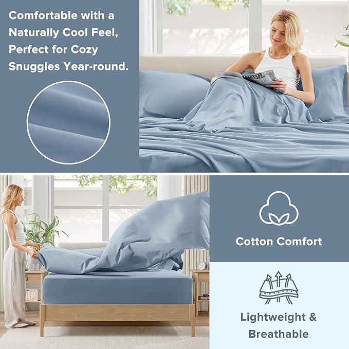 Comfort Spaces 100% Cotton Sheet Set Breathable, Lightweight, Soft with 12" Elastic Pocket Fits up to 14" Mattress, All Season Cozy Bedding, Matching Pillow Case, Twin Blue 3 Piece