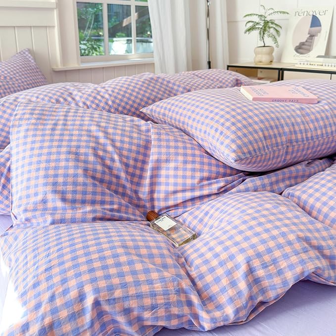 LifeTB Purple Grid Duvet Cover Set King 3 Pieces Plaid Checkered Comforter Cover Washed Cotton Plaid Bedding Set Buffalo Grid Comforter Cover with Zipper Closure Soft Breathable Quilt Cover King
