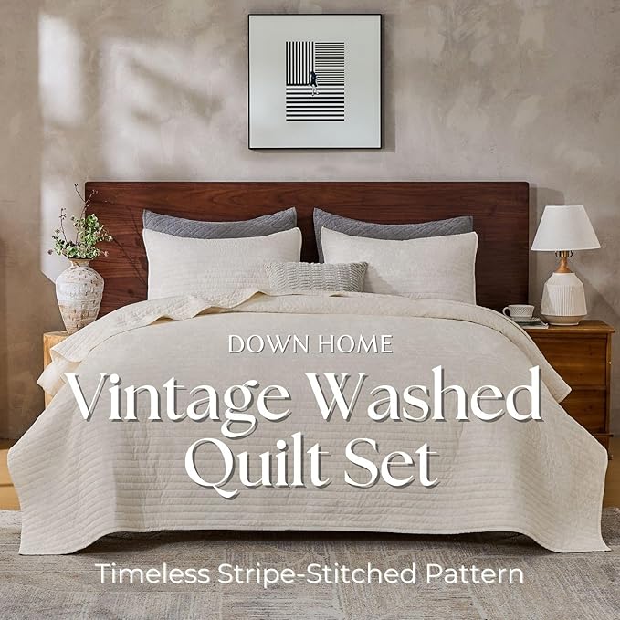 DOWN HOME Queen Quilt Bedding Set with Shams, Vintage Washed Soft Quilted Blanket Thin Comforter Lightweight Bedspread Coverlet Bed Cover, Brushed Microfiber Stripe Stitching, Linen White, 86"x90"